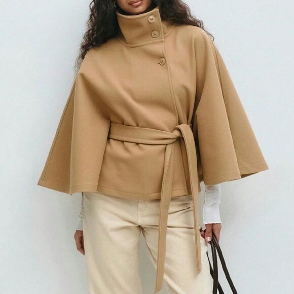 Khaki Elegant Women's Cloak Collar Button Coat With Belt - Picture 2 of 3